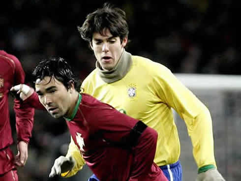 Deco playing for Portugal against Brazil, with Kaka marking him