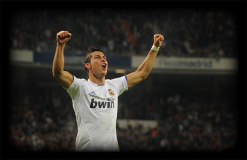 Cristiano Ronaldo celebrating a goal for Real Madrid, in the Santiago Bernabeu stadium