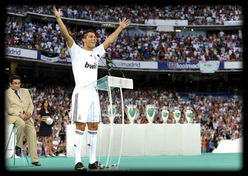 Cristiano Ronaldo presentation in the Santiago Bernabeu, with Cristiano Ronaldo in front of Real Madrid trophies and titles