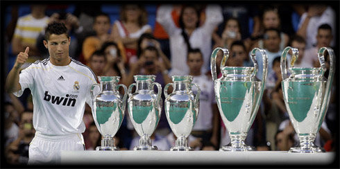 Cristiano Ronaldo photo side by side with Real Madrid UEFA Champions League trophies