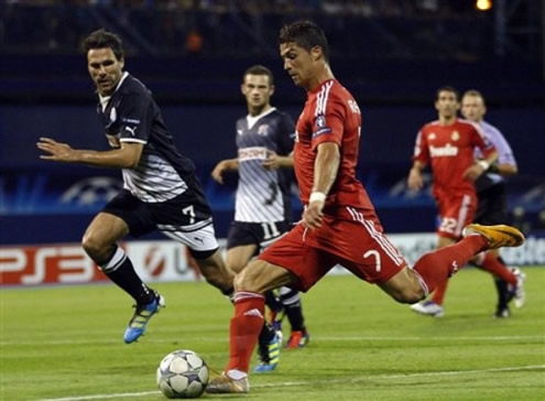 Cristiano Ronaldo photo in action against Dinamo Zagreb, in a Real Madrid red jersey 2011-2012