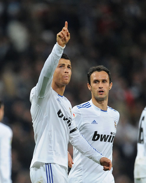 Cristiano Ronaldo pointing his finger to the crowd, as he dedicates his goal to Irina Shayk and Cristiano Ronaldo Jr.