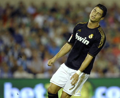 Cristiano Ronaldo showing his disappointment in Racing Santander vs Real Madrid, for La Liga 2011-12