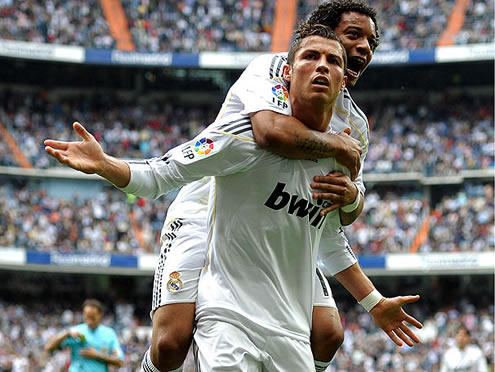 Cristiano Ronaldo and Marcelo celebrating a goal in the Santiago Bernabeu with Real Madrid, in La Liga 2010-2011