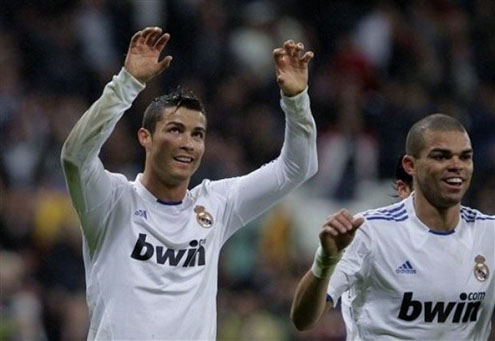 Cristiano Ronaldo and Pepe during a goal celebration in Real Madrid