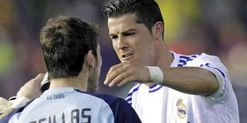 Cristiano Ronaldo getting ready to congratulate and hug Iker Casillas in Real Madrid