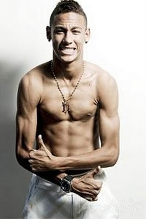 Neymar showing his muscles and skinny body, while being shirtless and doing thumbs up