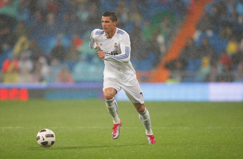 Cristiano Ronaldo running with the ball in a rainy match day