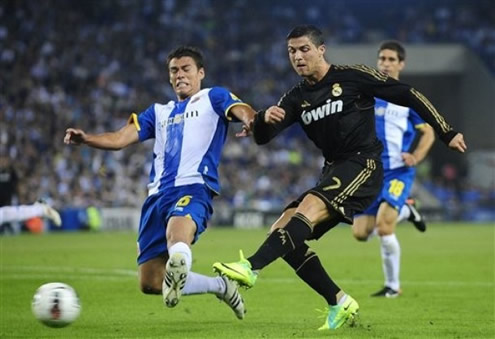 Cristiano Ronaldo striking a shot with his left foot