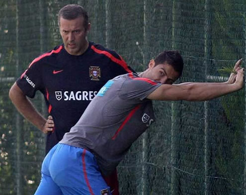 Cristiano Ronaldo stretching out as he prepares the matches against Iceland and Denmark