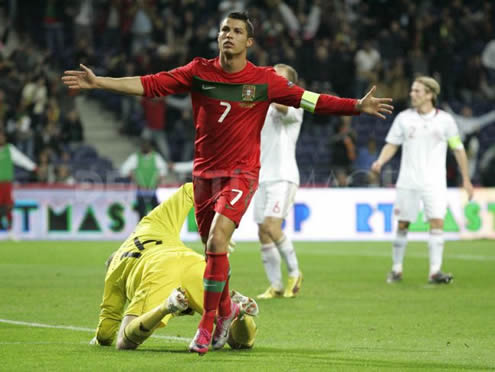 Cristiano Ronaldo celebrating a goal scores against Denmark