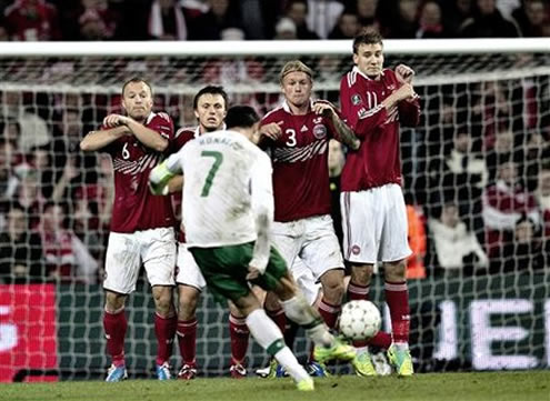 Cristiano Ronaldo stunning goal from his trademark tomahawk free-kick, against Denmark in the Euro 2012 Qualifiers
