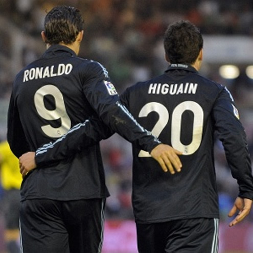 Cristiano Ronaldo and Gonzalo Higuaín putting their hands on each other back