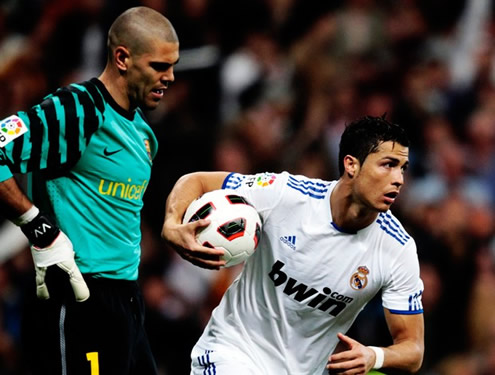 Cristiano Ronaldo going after the remontada against Barcelona, taking the ball near Victor Valdés