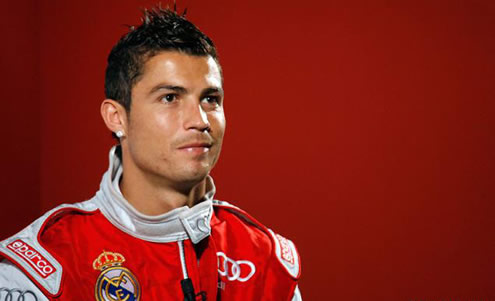 Cristiano Ronaldo dressed as a pilot and granting an interview in Audi/Real Madrid ceremony