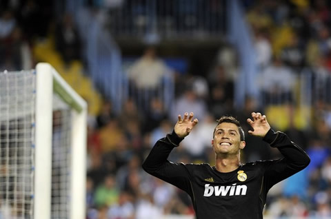 Cristiano Ronaldo celebrates a goal with the gesture dedicated to his son in Malaga vs Real Madrid