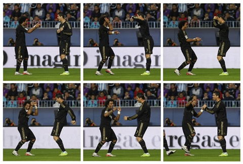 Cristiano Ronaldo and Marcelos Brazilian samba/funk dancing photos, from the match Malaga vs Real Madrid in the Spanish League 2011-2012
