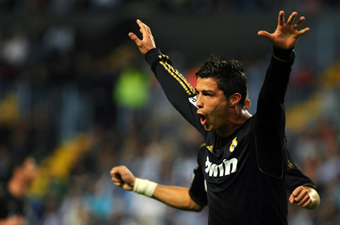 Cristiano Ronaldo celebrating a goal doing a flying bird gesture