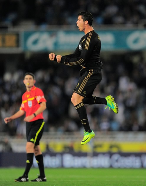 Cristiano Ronaldo big jump celebrating the win against Real Sociedad in La Liga 2011-2012