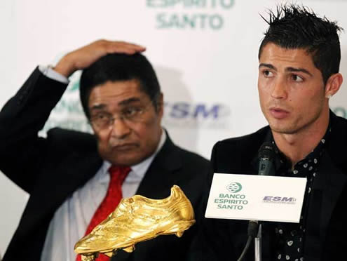 Cristiano Ronaldo answering a question during the European Golden Shoe interview and press-conference ceremony event