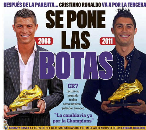 Cristiano Ronaldo poster showing Cristiano Ronaldo holding the two Golden Shoe awards (cover published in Marca)