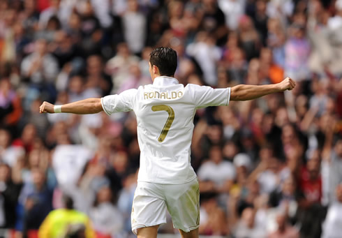 Cristiano Ronaldo with arms open at the Santiago Bernabéu, for La Liga 2011/2012