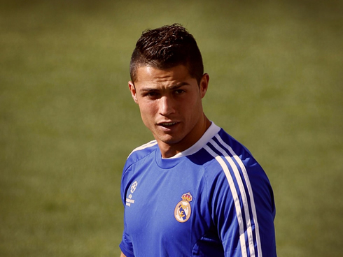Cristiano Ronaldo in a blue Real Madrid jersey, during a practice session